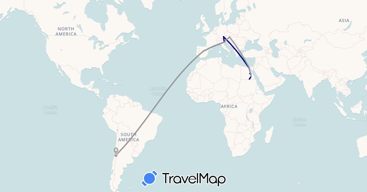 TravelMap itinerary: driving, plane, train in Austria, Chile, Germany, Egypt, Spain, Italy (Africa, Europe, South America)